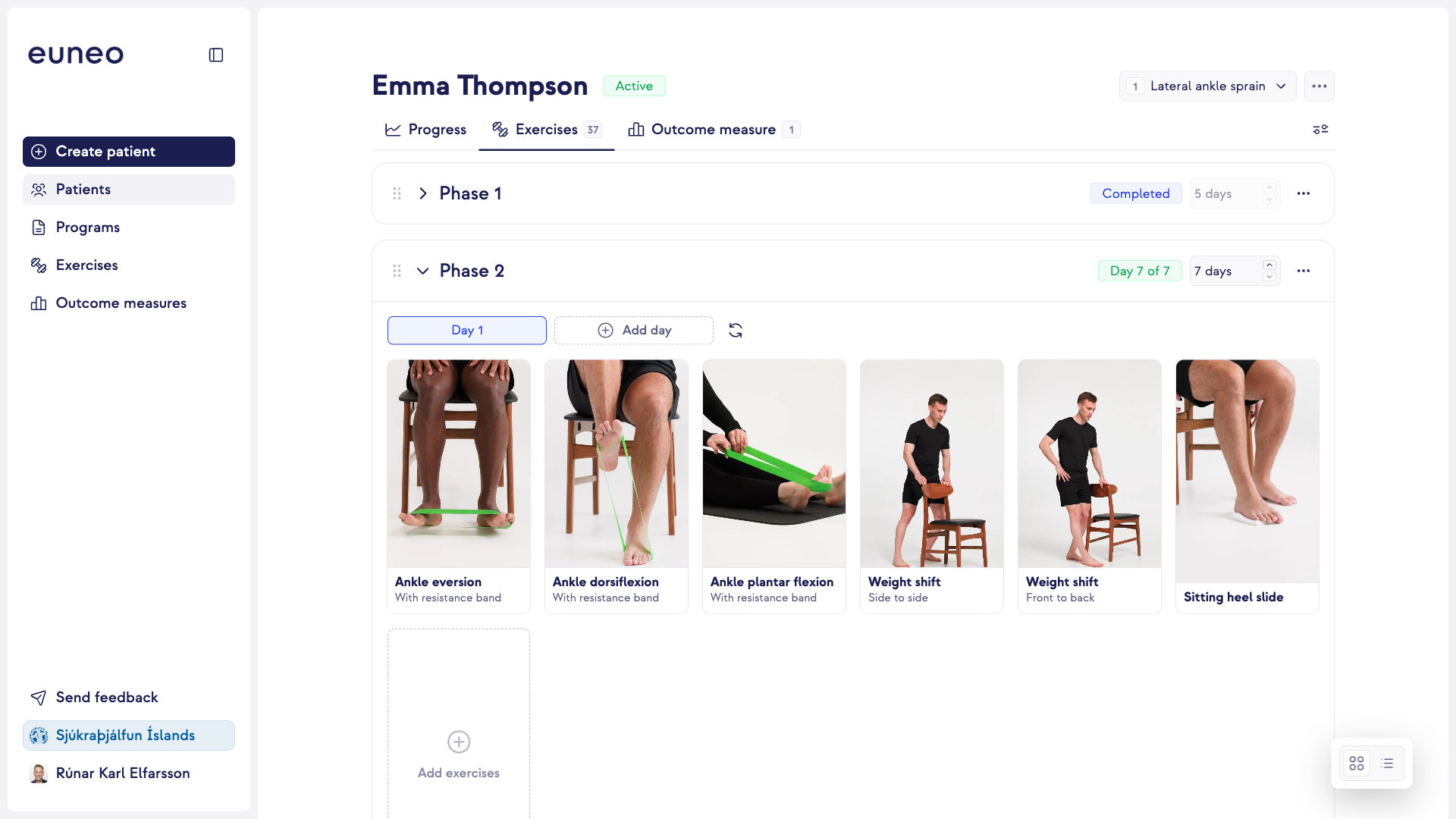 Euneo console showing patient exercise program